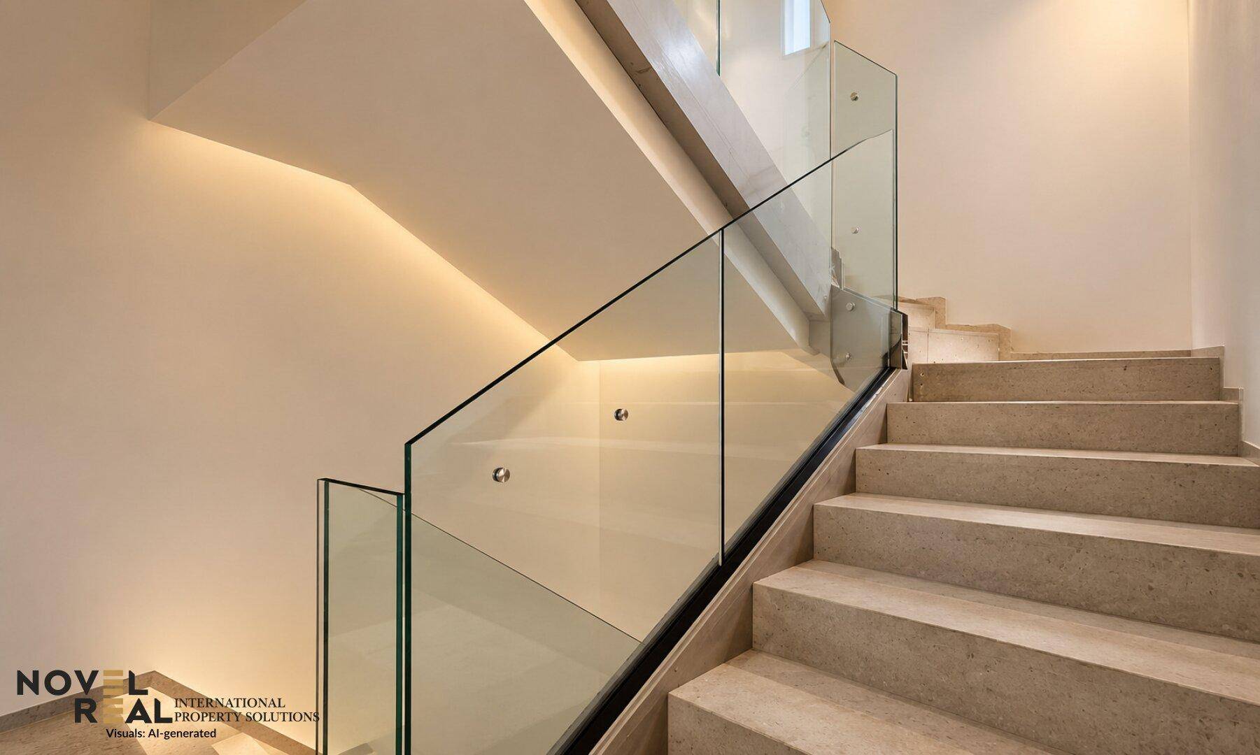 Elegantes Treppenhaus mit Steinstufen und modernem Glasgeländer, beleuchtet von oben.