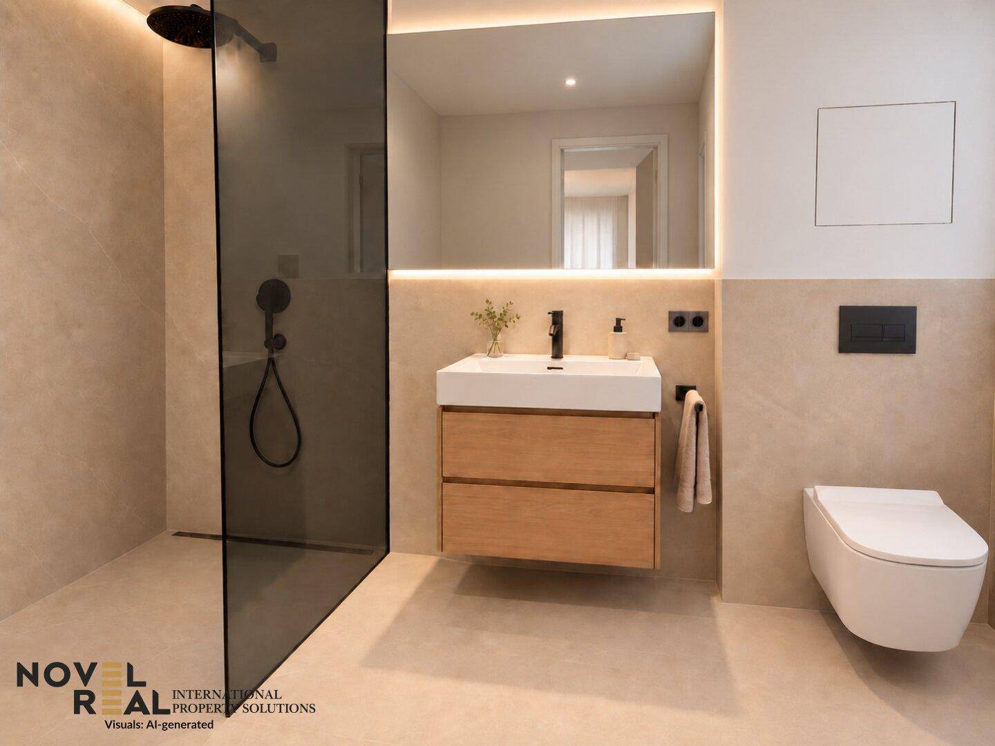 Modernes Badezimmer mit begehbarer Dusche, schwebendem Waschtisch und beleuchtetem Spiegel.