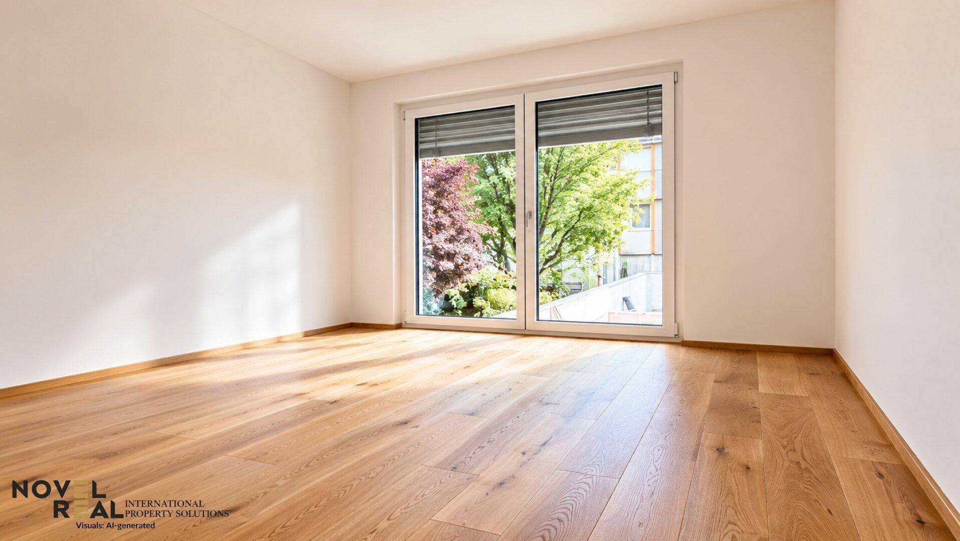 Ruhiges Schlafzimmer mit Holzboden und großem Fenster, das einen Blick ins Grüne bietet.