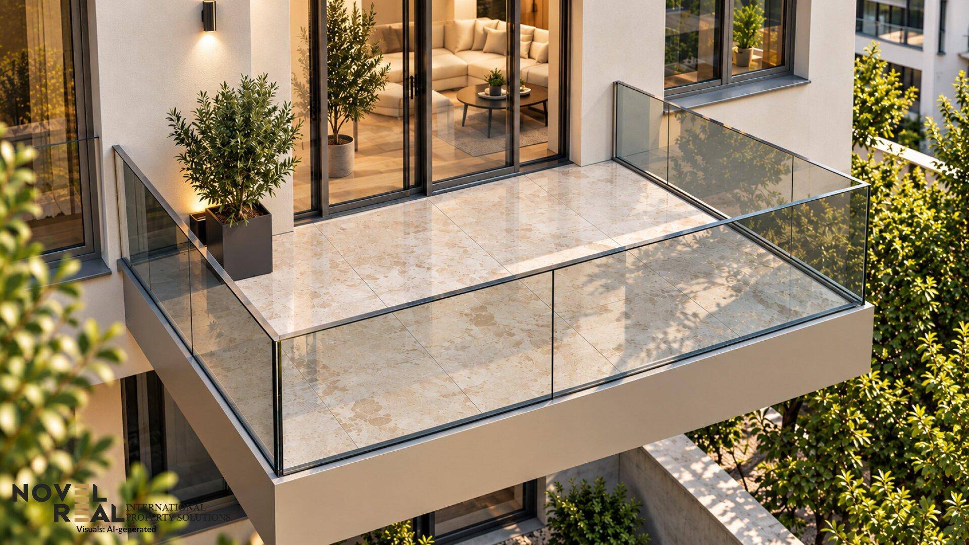 Moderner Balkon mit Glasgeländer, Fliesenboden und Blick auf die Umgebung.
