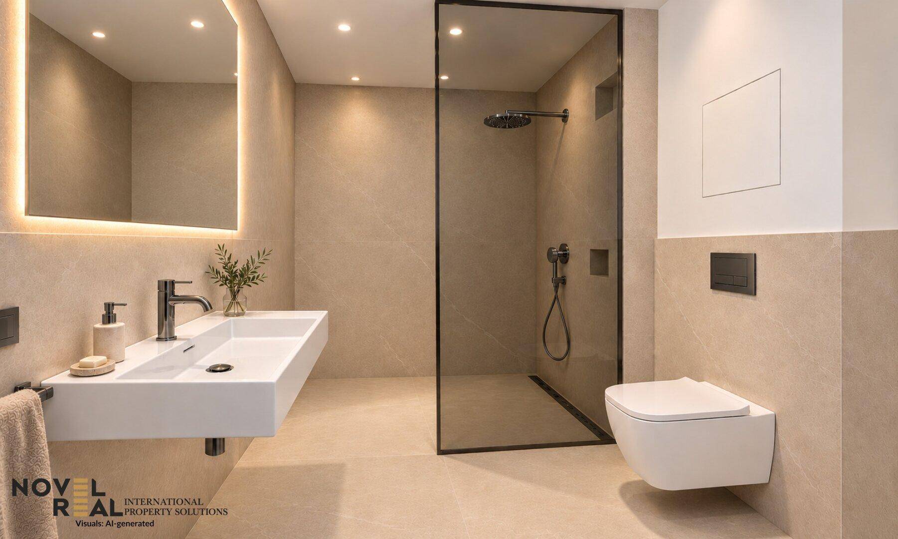 Modernes Badezimmer mit begehbarer Dusche, schwebendem Waschbecken und eleganten beigefarbenen Fliesen.