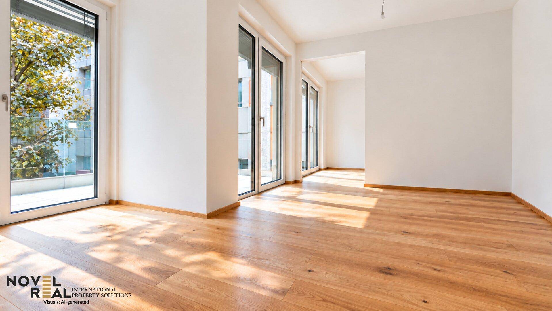 Lichtdurchfluteter Raum mit Eichenparkett und Zugang zu einem Balkon, ideal für modernes Wohnen.