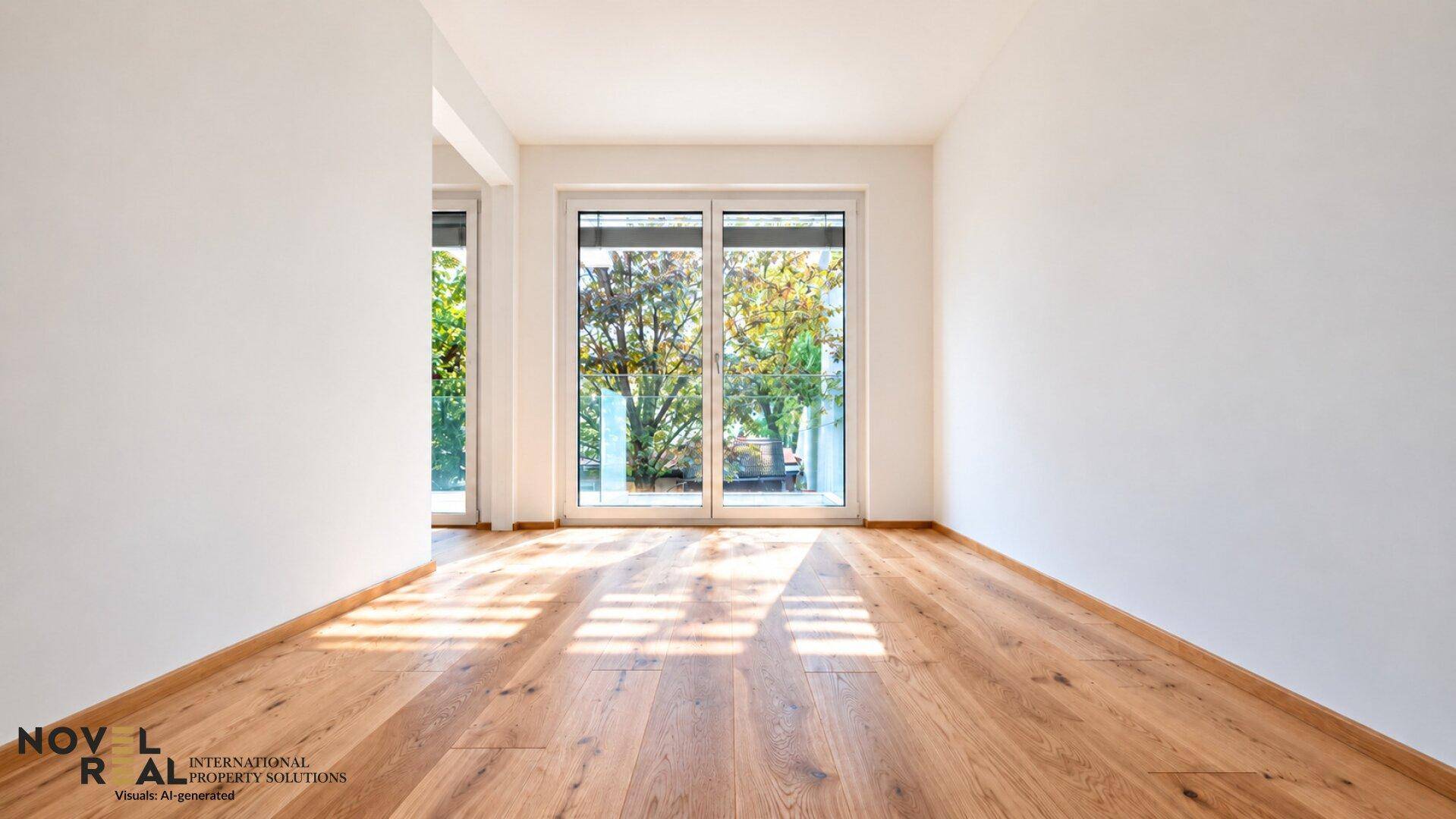 Geräumiges Zimmer mit Holzboden und einer großen Fensterfront, die einen Blick ins Grüne bietet.