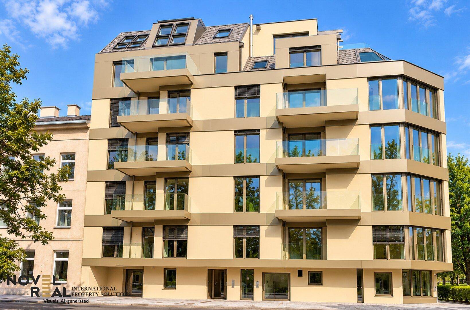 Ansicht eines eleganten Wohnkomplexes mit moderner Fassade, vielen Balkonen und großen Fensterfronten.