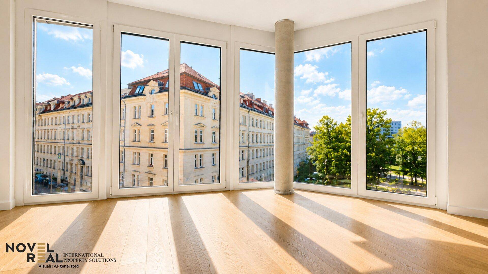 Lichtdurchflutetes Zimmer mit Holzboden und Panoramafenstern, die einen weiten Blick auf die Stadt und Grünflächen ermöglichen.