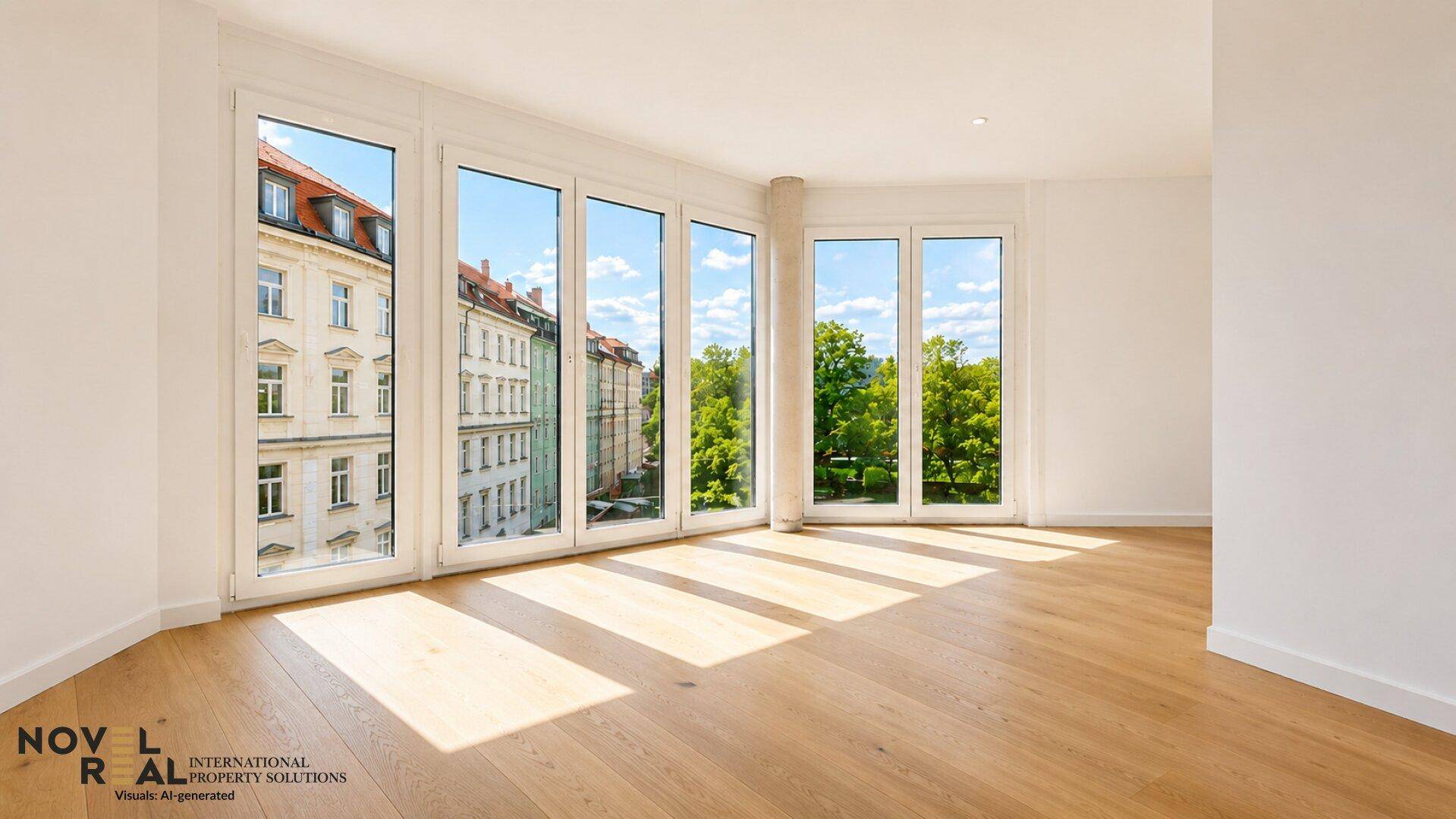 Geräumiges Zimmer mit Holzboden und großen Fenstern, die viel Tageslicht hereinlassen und einen Blick auf die Umgebung bieten.