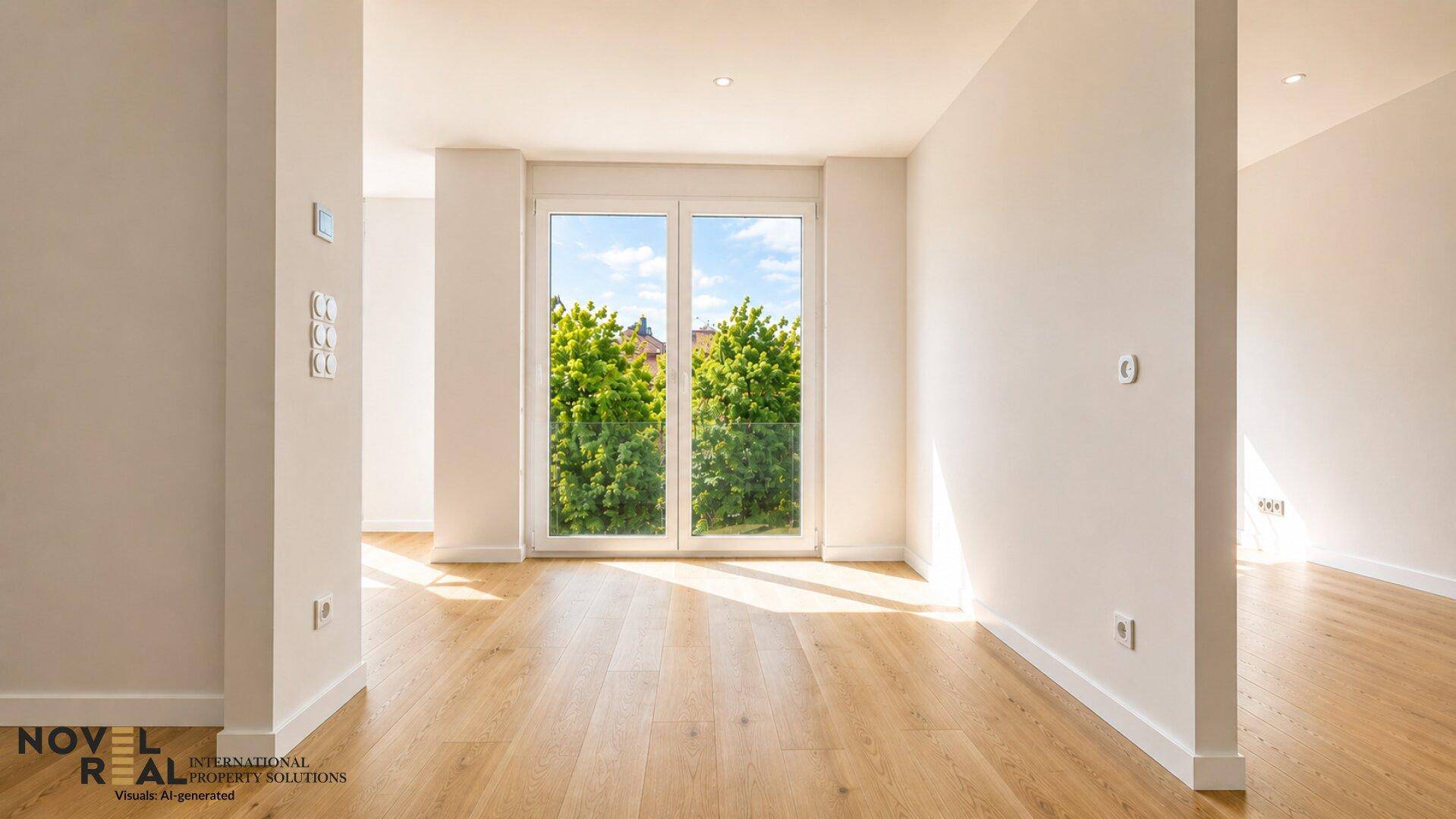 Helles Zimmer mit Holzboden und einem großen Fenster, das einen angenehmen Blick ins Grüne bietet.