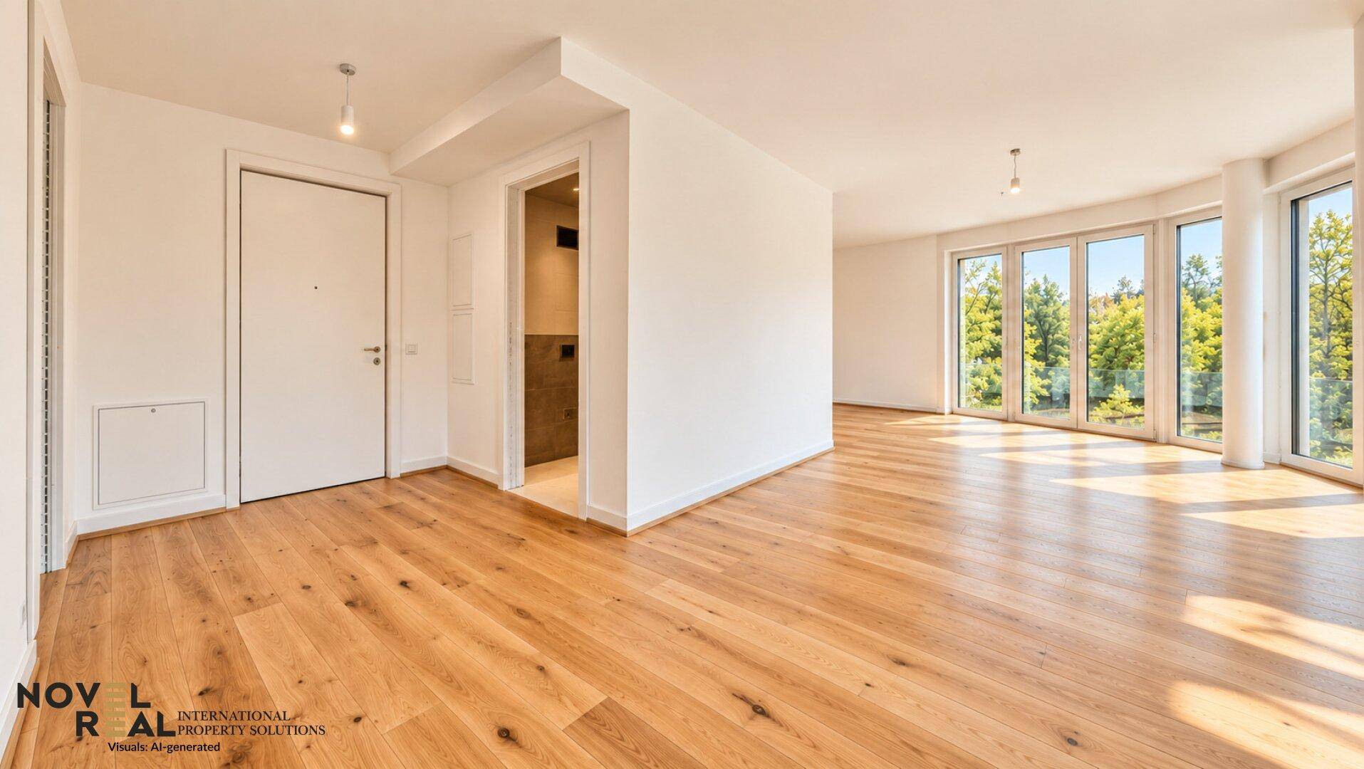 Heller Eingangsbereich mit Holzboden und Zugang zu weiteren Räumen, die viel Tageslicht erhalten.