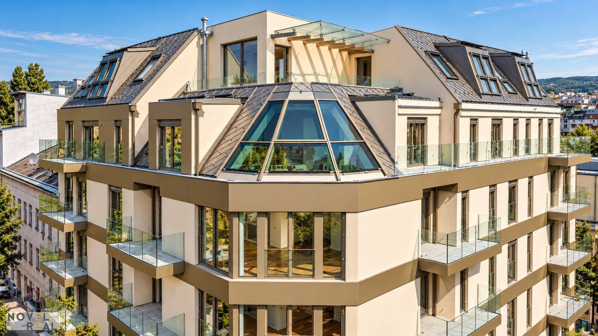 Dachansicht eines modernen Wohngebäudes mit Penthouse-Wohnungen und großen Glasflächen.