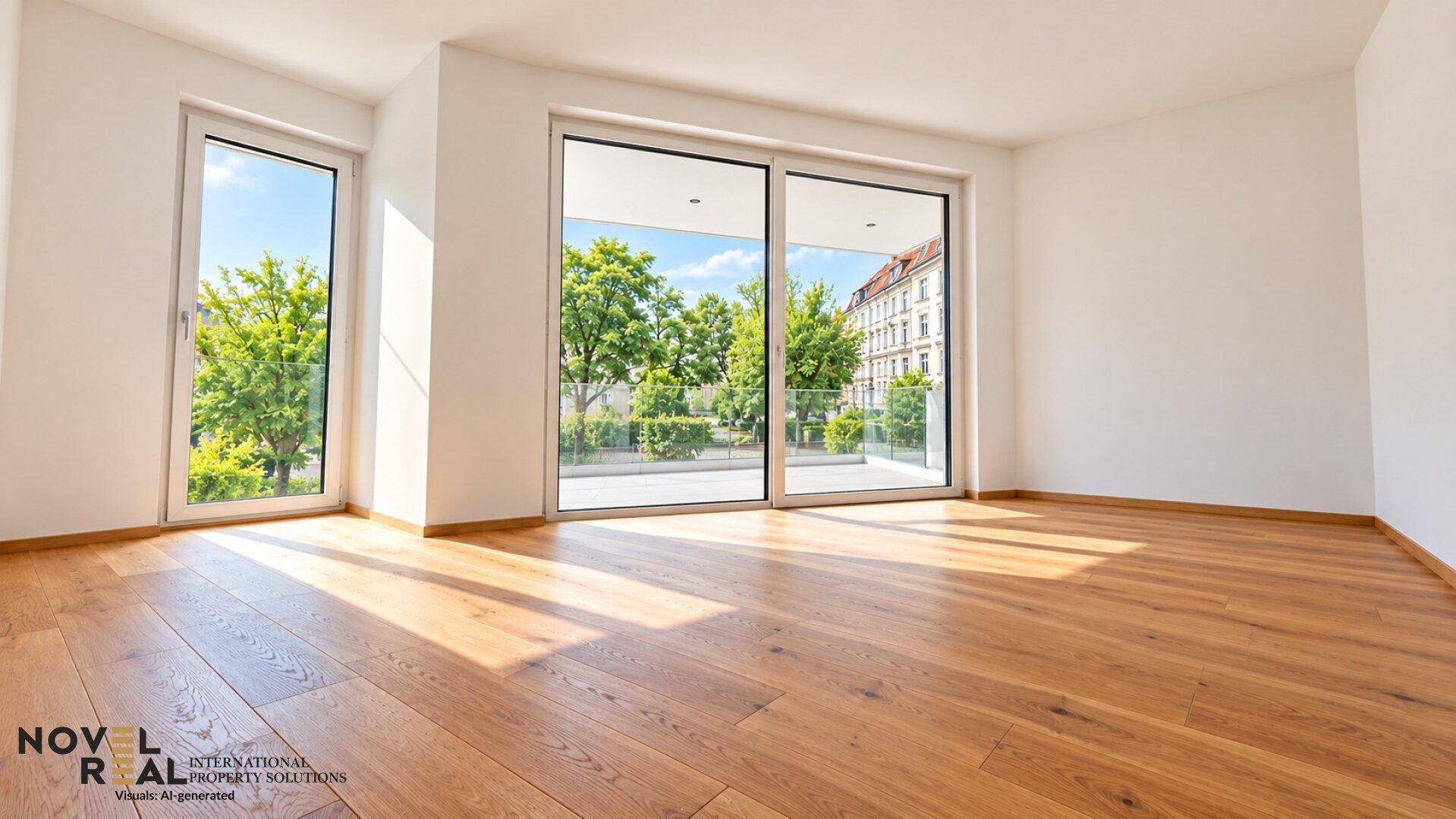 Lichtdurchfluteter Raum mit Eichenparkett und großen Schiebetüren zum Balkon, umgeben von Grün.