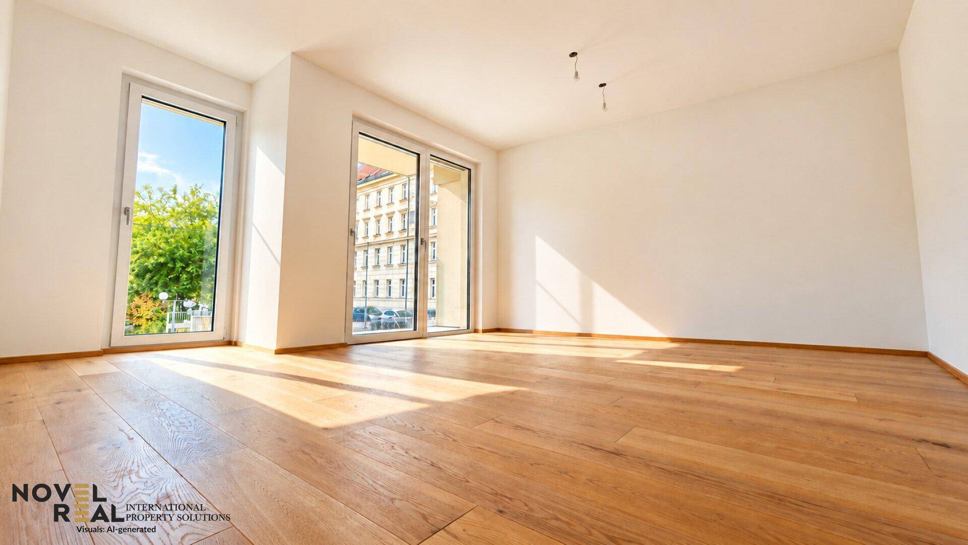 Geräumiger, heller Raum mit Holzboden und großen Fenstern, die viel Tageslicht hereinlassen.