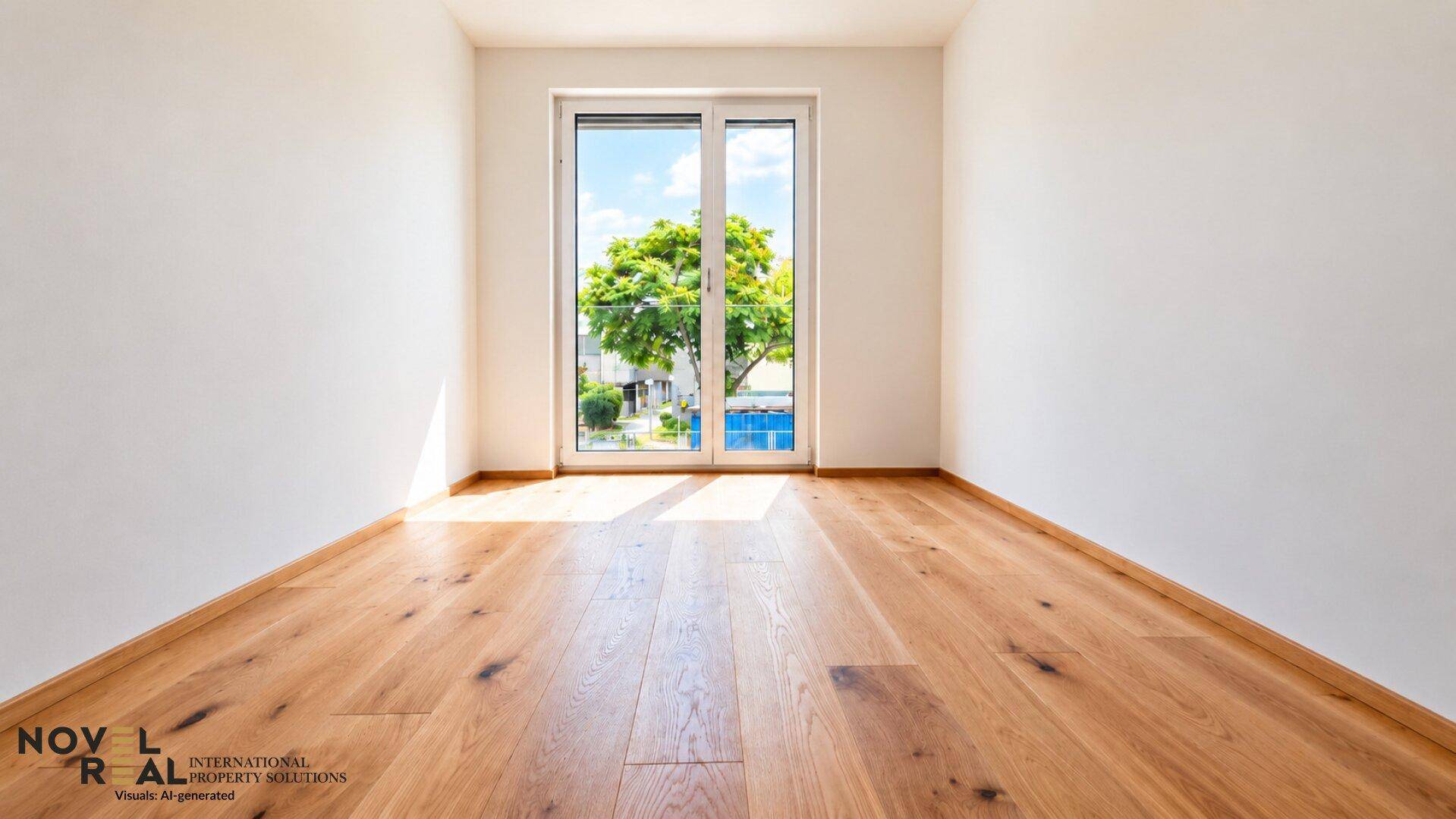 Heller Raum mit Holzboden und einem großen Fenster, das einen Blick ins Grüne bietet.