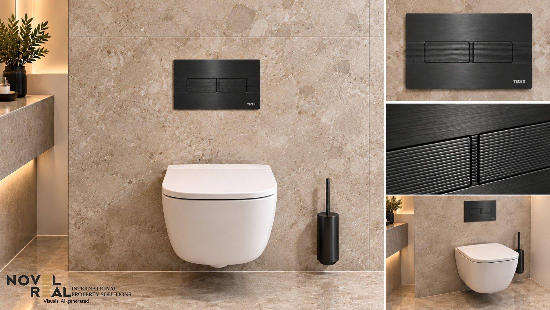 Modernes Wand-WC mit stilvoller schwarzer Spülplatte vor einer beigefarbenen Fliesenwand.