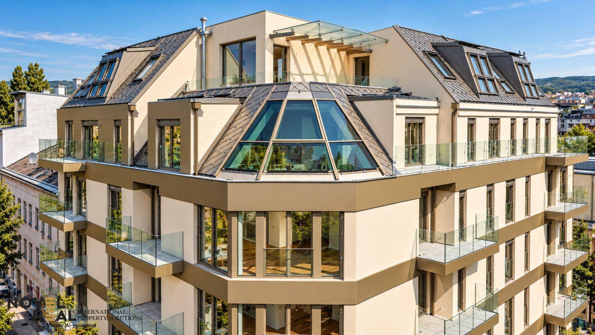 Beeindruckendes modernes Gebäude mit markanter Architektur, vielen Glasflächen und Dachterrassen.