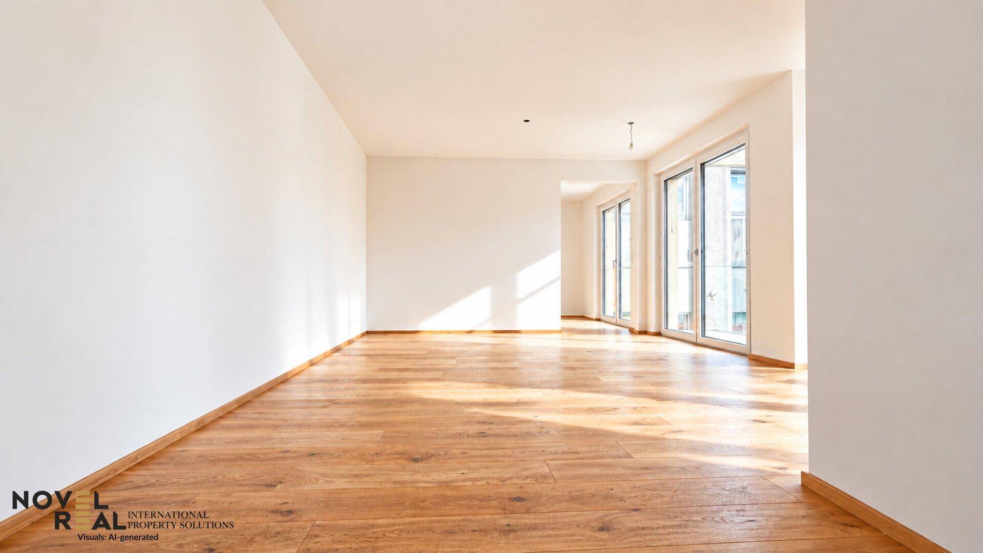 Geräumiges, leeres Zimmer mit hellem Holzboden und großen Fenstern, die den Raum erhellen.