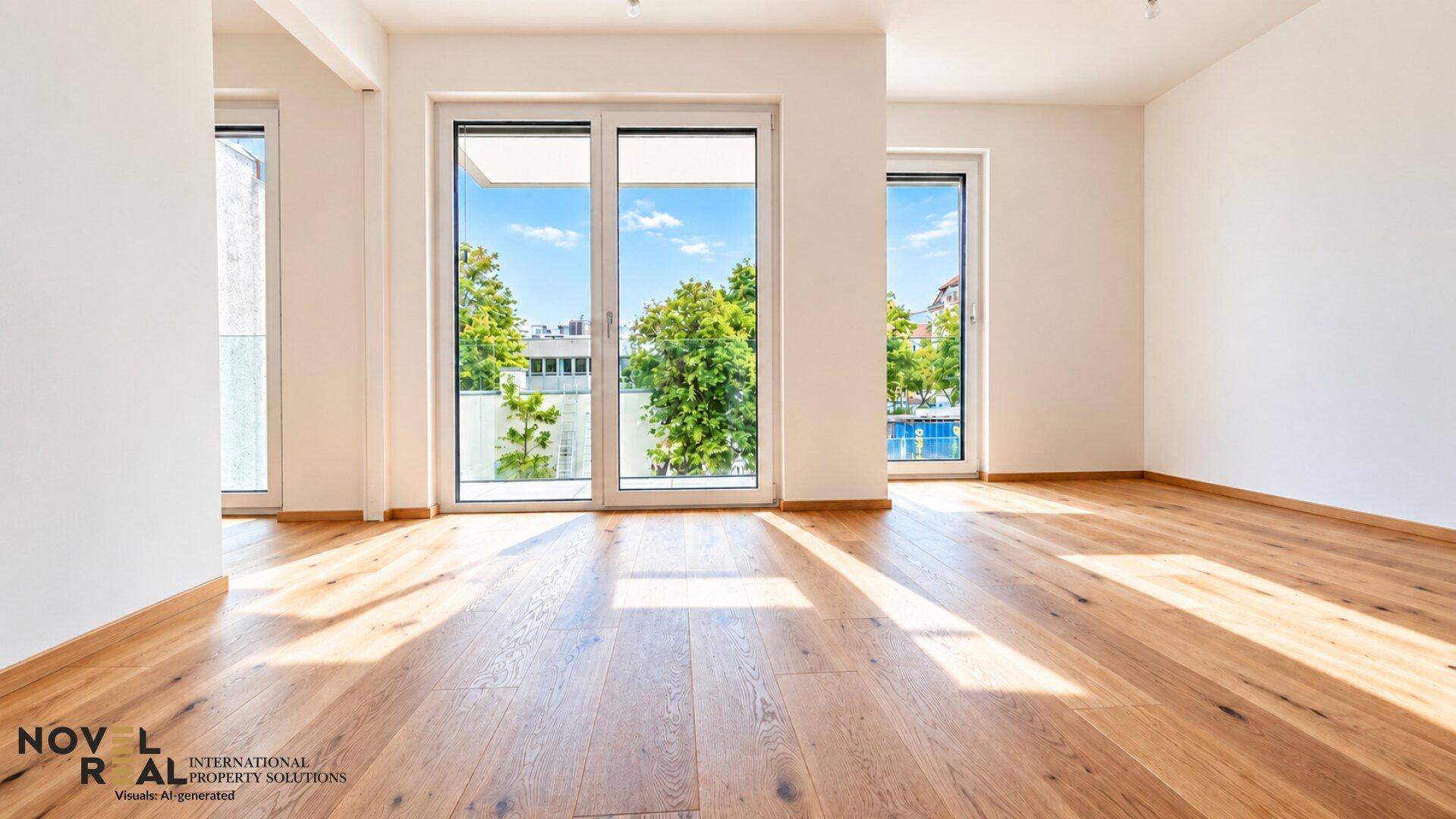 Heller Raum mit Holzboden und mehreren Fenstern, die einen Blick nach draußen ermöglichen.