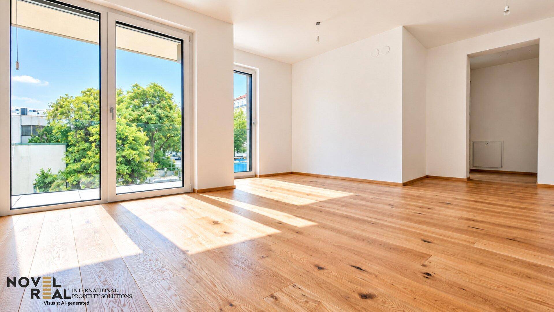 Lichtdurchflutetes Zimmer mit Holzboden und Blick ins Grüne durch die großen Fenster.