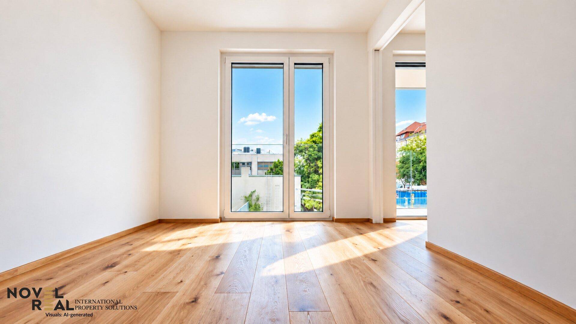 Leeres Zimmer mit Holzboden und großen Fenstern, die viel Sonnenlicht in den Raum lassen.