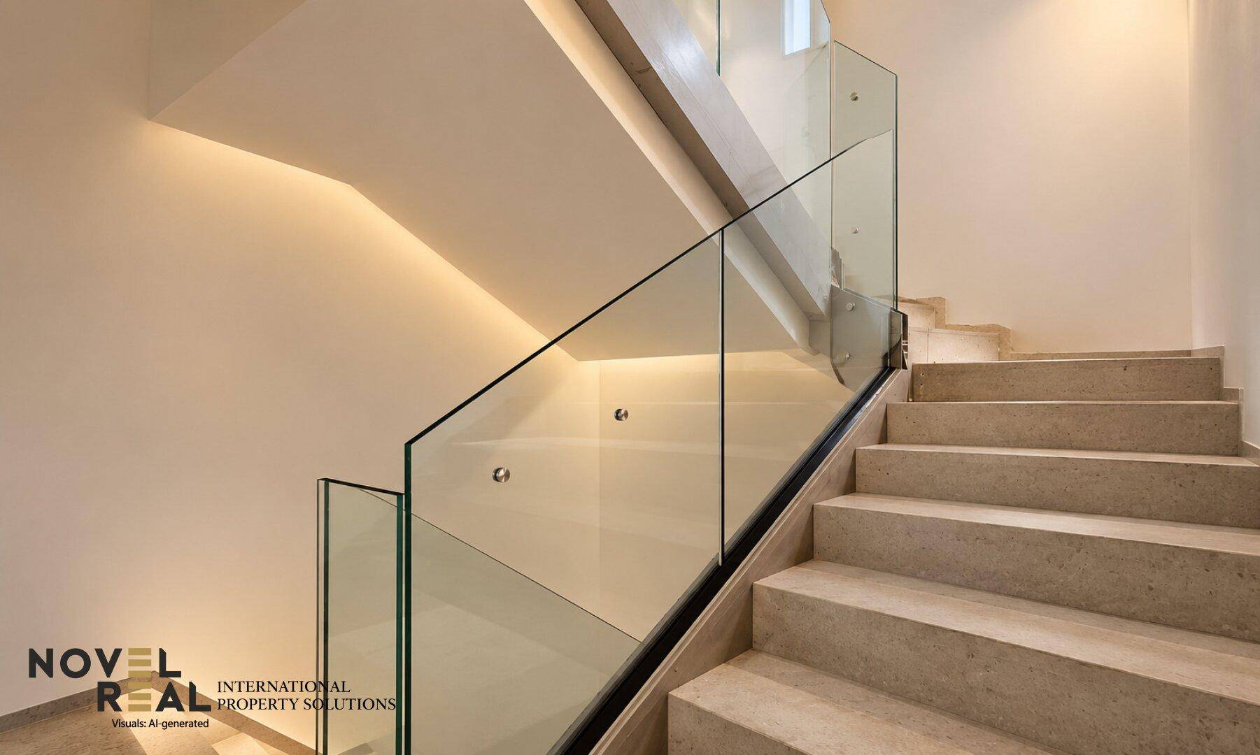 Elegantes Treppenhaus mit Steinstufen und Glasgeländer, modern beleuchtet.