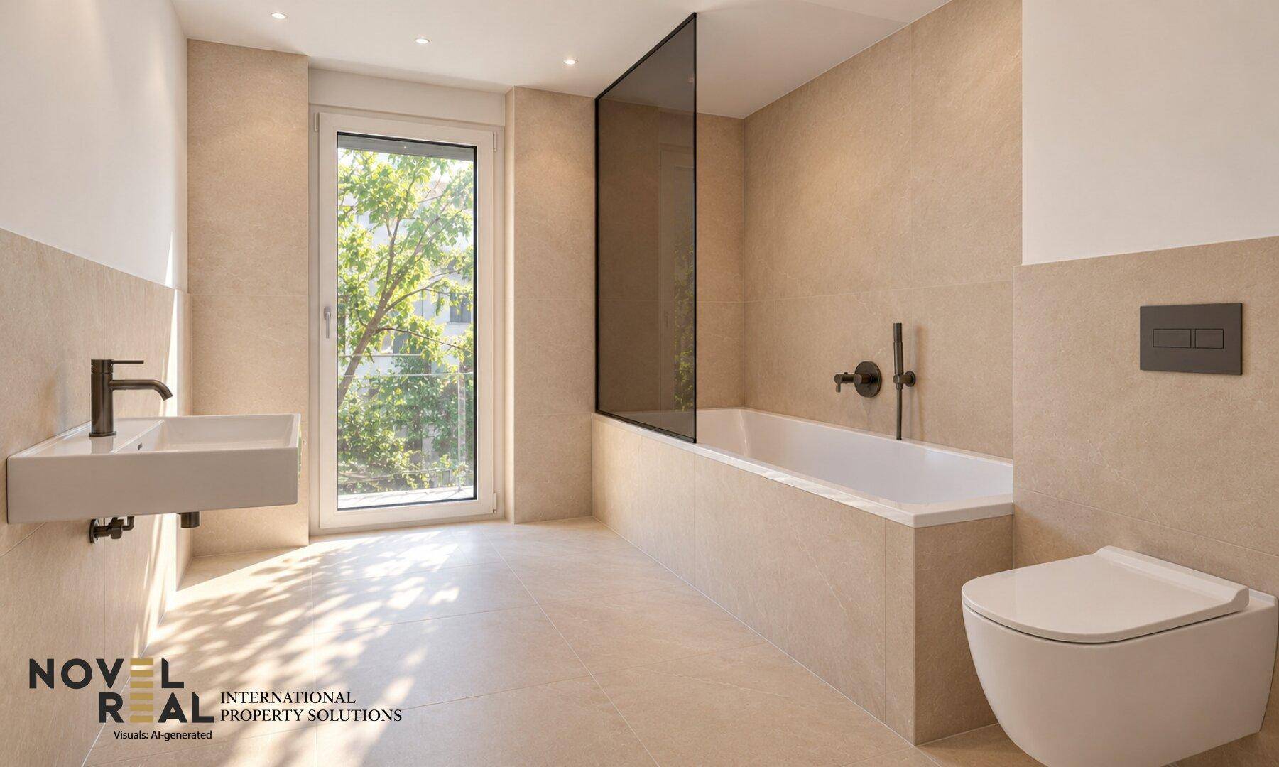 Modernes Badezimmer mit beigefarbenen Fliesen, Badewanne und wandhängendem WC.