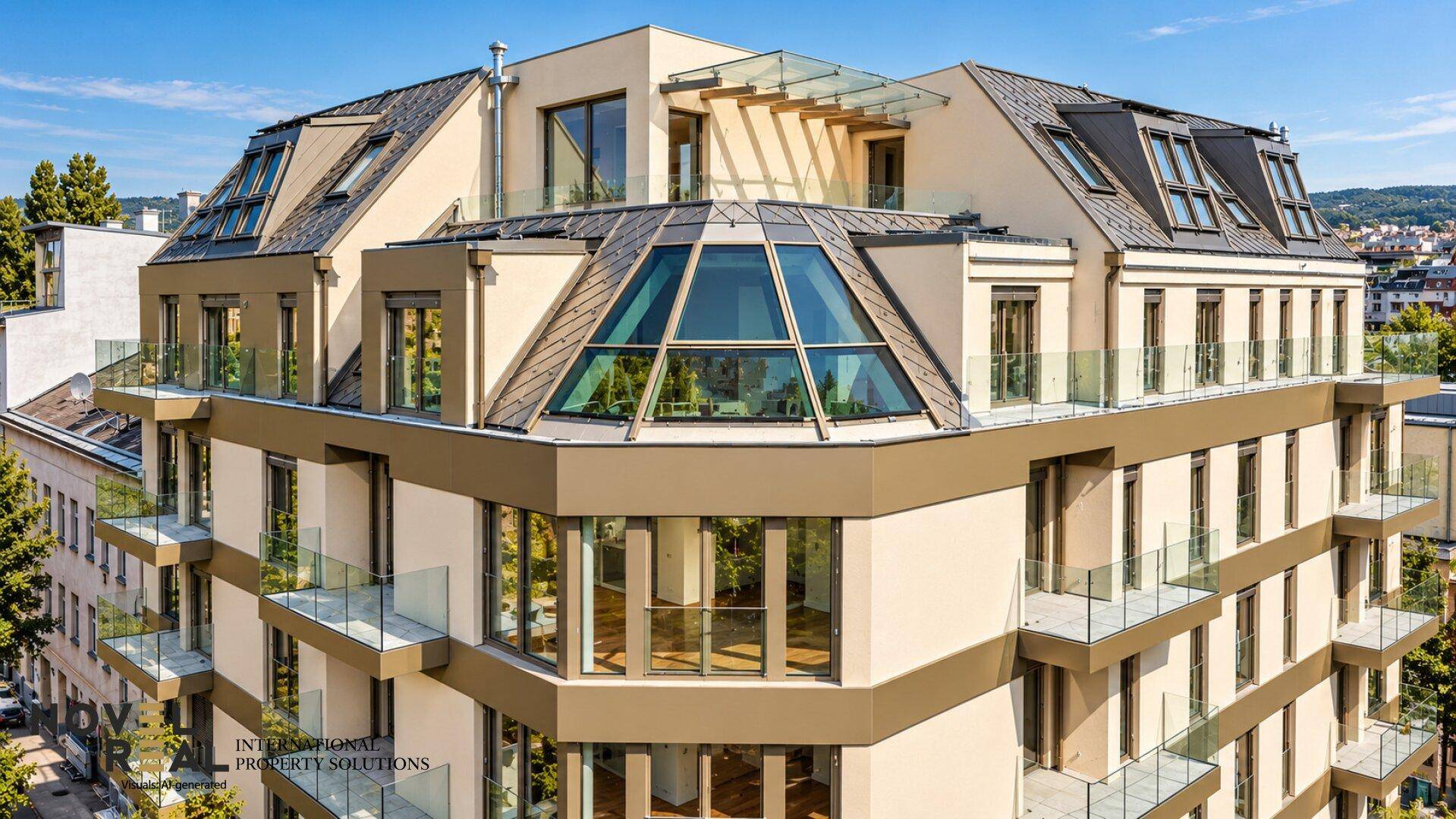 Moderne Wohnanlage mit markanter Architektur, großen Fenstern und Balkonen in sonniger Lage.