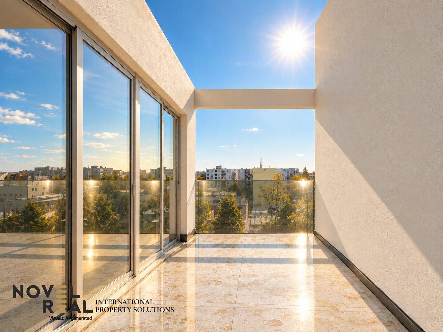 Sonniger Balkon mit Fliesenboden und Glasbrüstung, bietet einen weiten Blick über die Stadt.