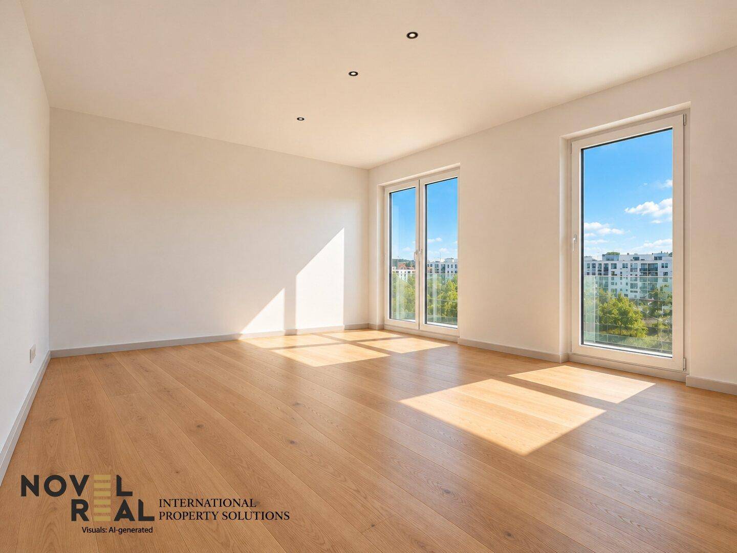 Geräumiges, helles Zimmer mit Holzboden und großen Fenstern, die viel Tageslicht hereinlassen.