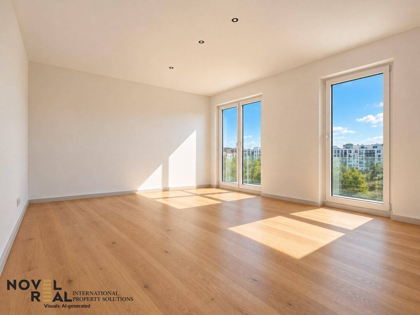 Geräumiger, heller Wohnraum mit Holzboden und großen Fenstern mit Stadtblick.