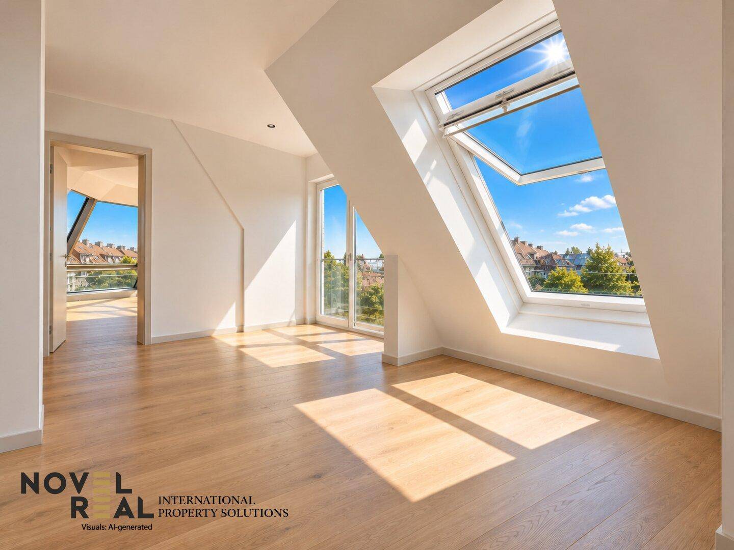 Helles Zimmer im Dachgeschoss mit schrägen Wänden, Holzboden und großen Dachfenstern.