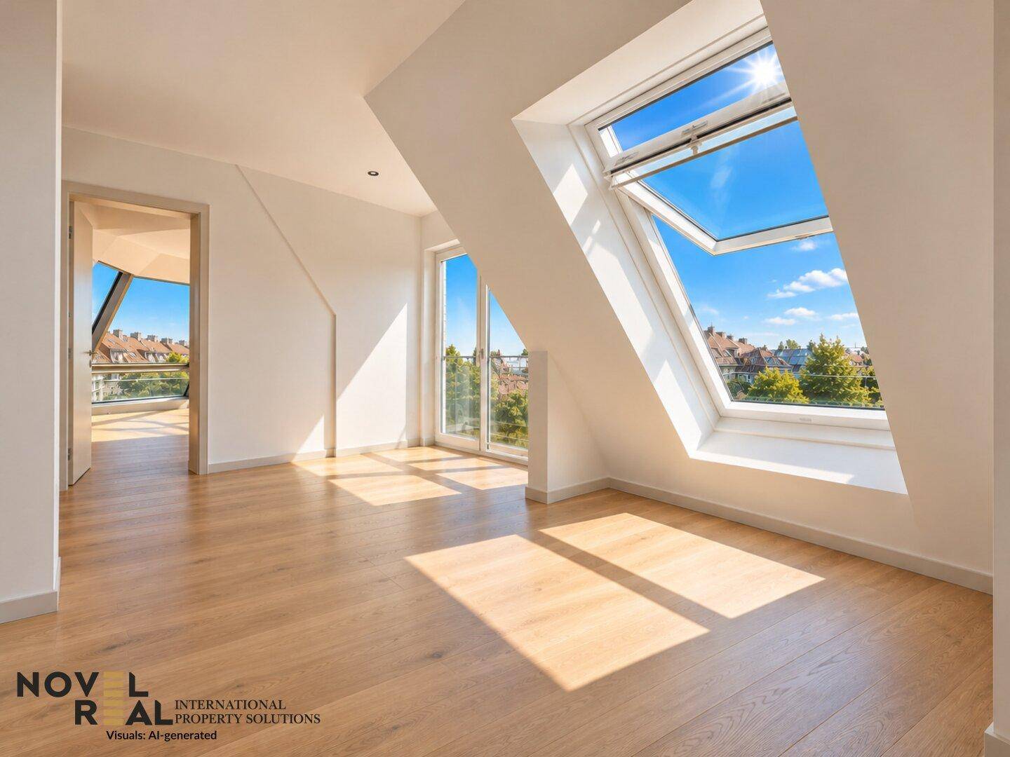 Helles Dachgeschosszimmer mit Holzboden, Dachfenstern und Zugang zu einem Balkon.