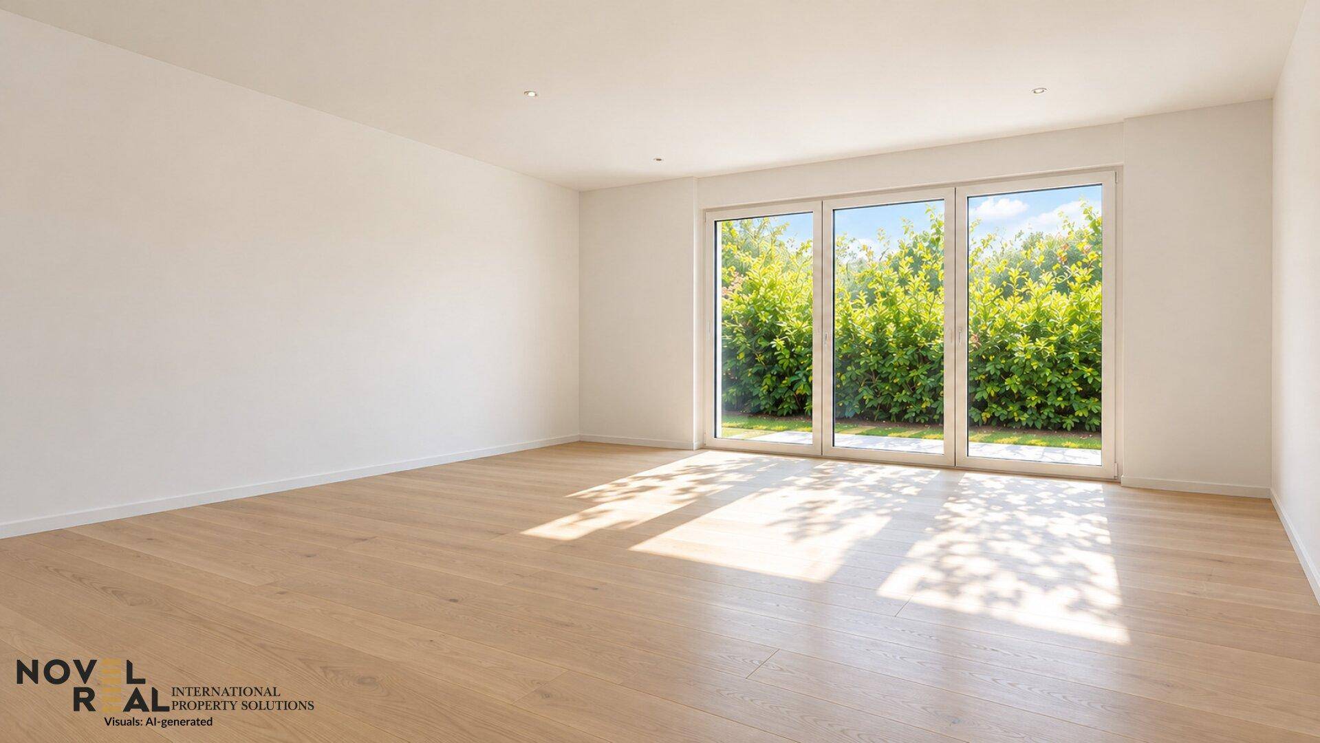 Heller, leerer Raum mit Holzboden und großen Fenstern zum grünen Außenbereich, durchflutet von Sonnenlicht.