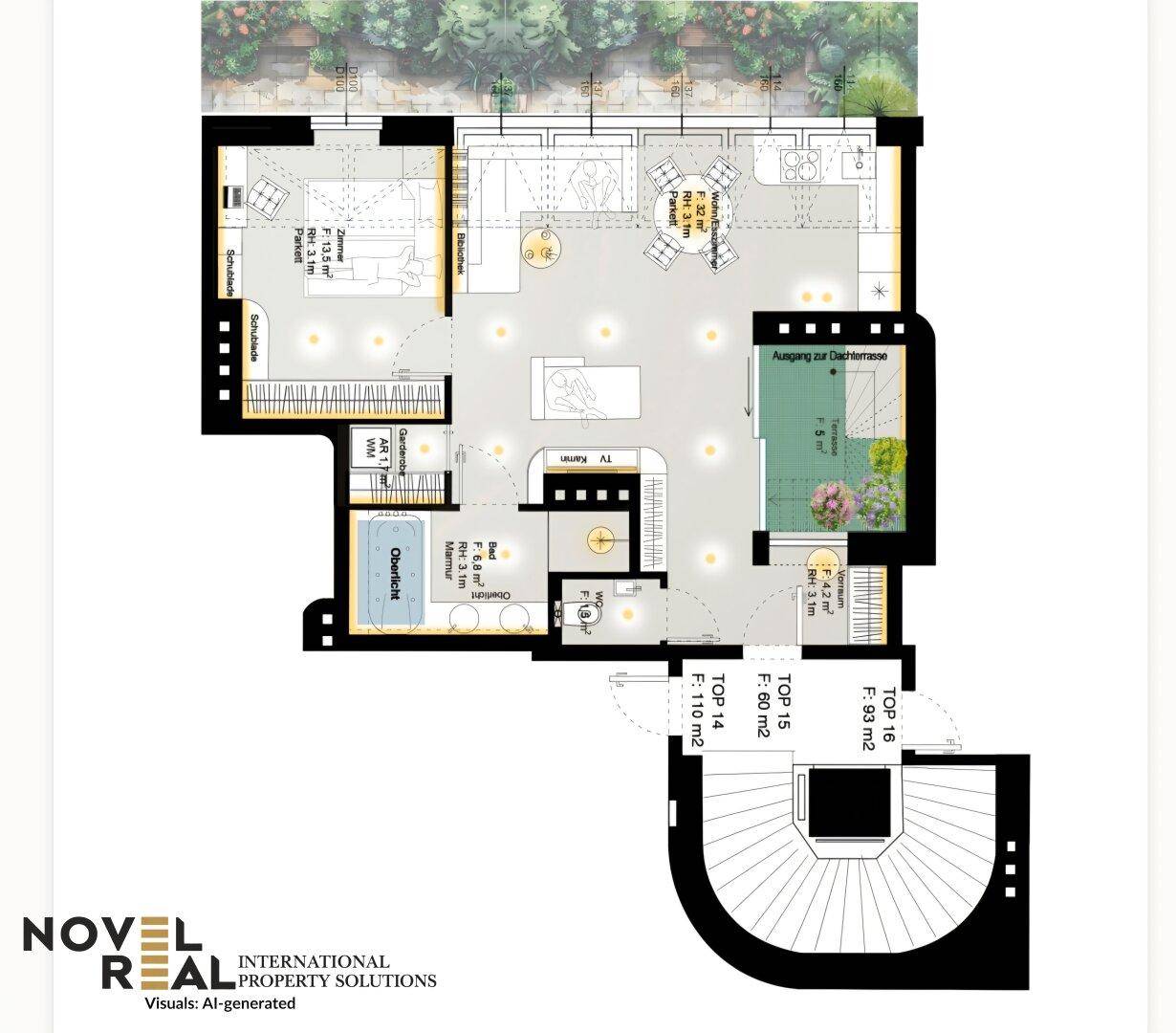 Grundriss einer Penthouse-Wohnung mit offenem Wohnbereich, Dachterrasse und hochwertigen Bädern.