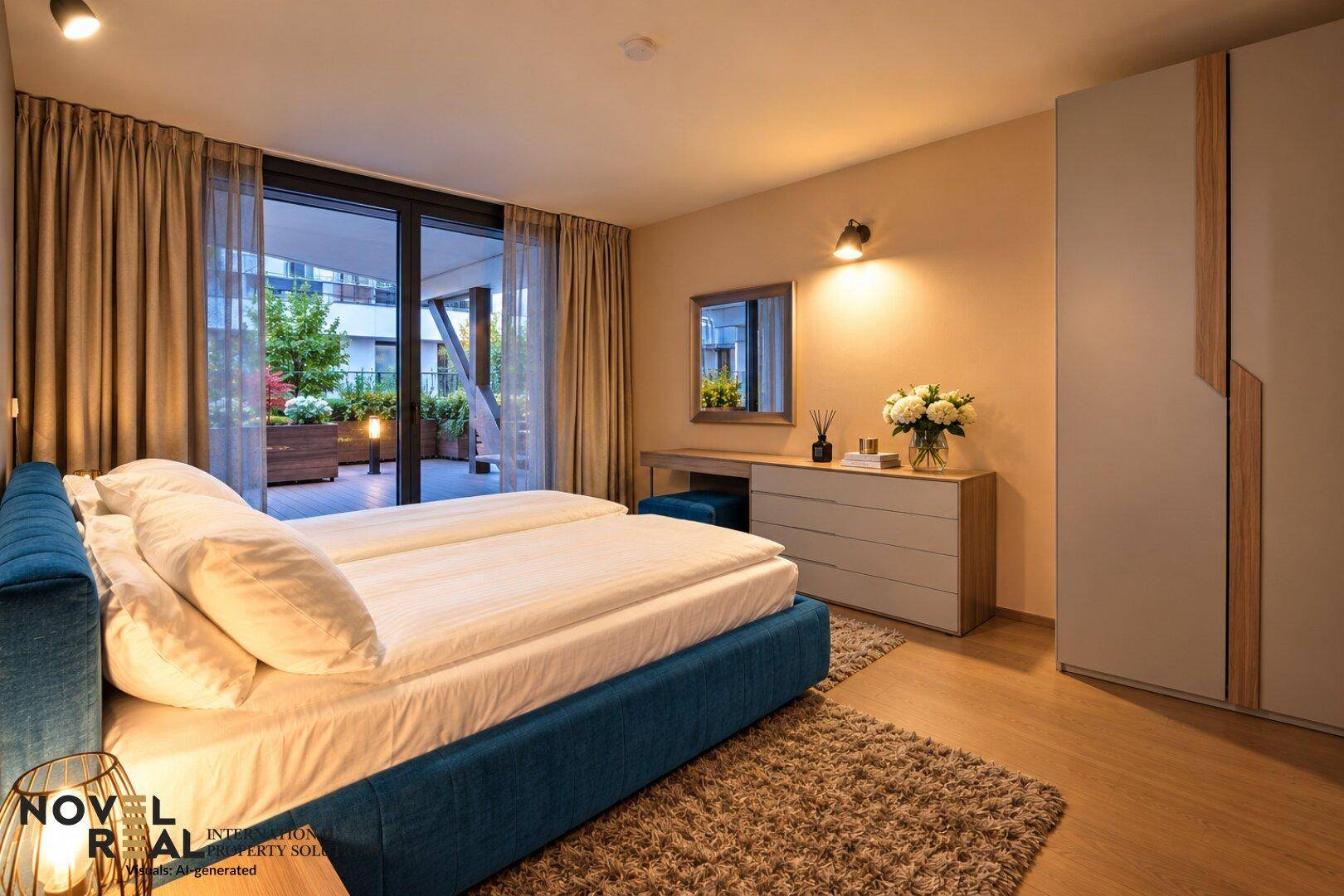 Schlafzimmer mit Doppelbett, Kleiderschrank und direktem Zugang zur Außenterrasse.