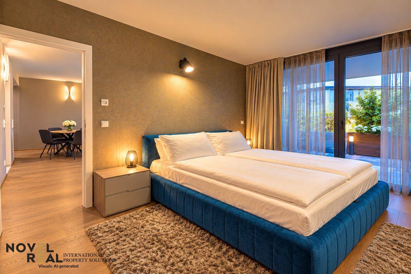 Schlafzimmer mit blauem Polsterbett, Holzboden und Blick in den angrenzenden Wohnbereich.