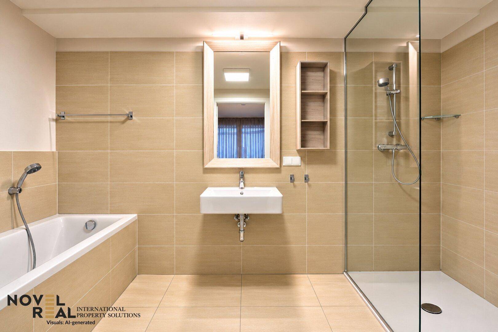 Modernes Badezimmer mit Badewanne, ebenerdiger Dusche und beigefarbenen Wand- und Bodenfliesen.