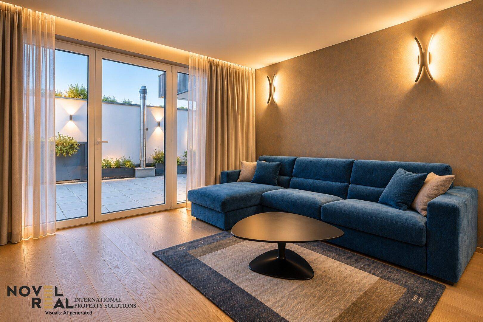 Helles Wohnzimmer mit blauer Eckcouch, Holzboden und großen Fenstern zur Terrasse.