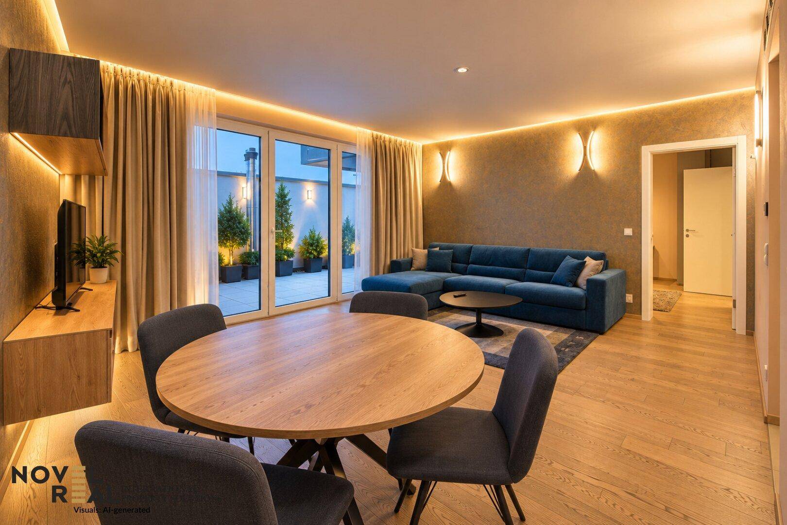Moderner Wohn-Essbereich mit blauer Couch, Esstisch und stimmungsvoller indirekter Beleuchtung.