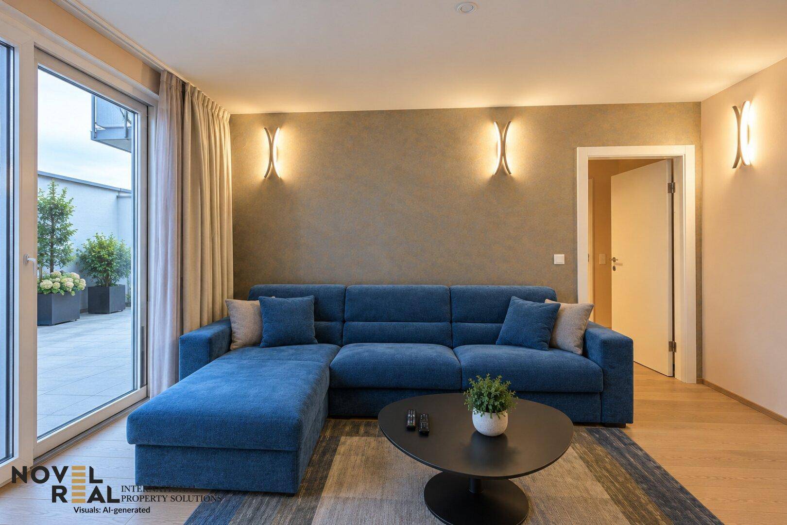 Gemütliches Wohnzimmer mit blauer Eckcouch, Holzboden und Zugang zur Außenterrasse.