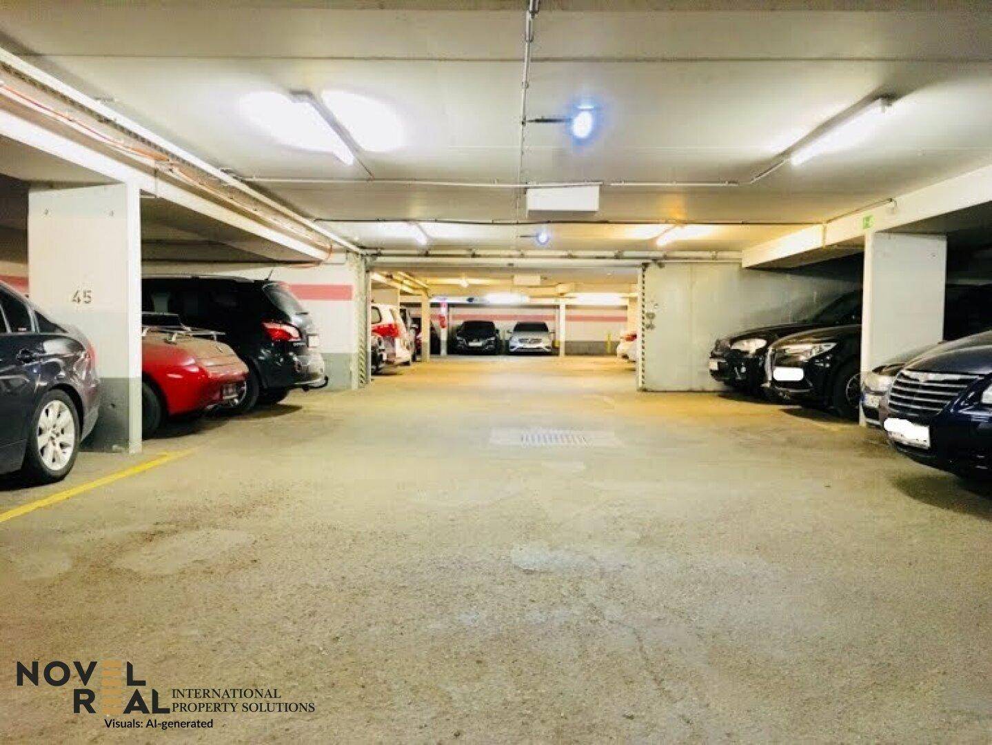 Geräumige Tiefgarage mit zahlreichen Stellplätzen für Fahrzeuge im Untergeschoss des Gebäudes.