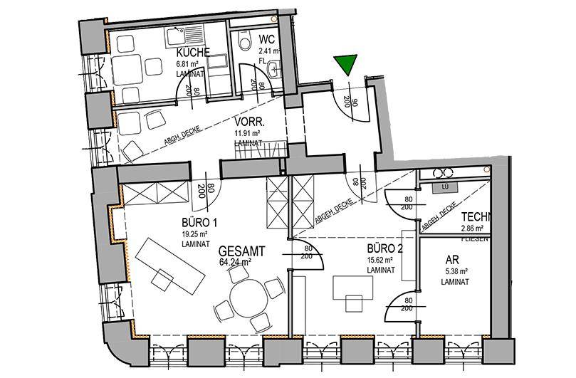 Grundrissplan einer Wohnung mit Küche, WC, Vorraum, zwei Büros und Abstellraum.