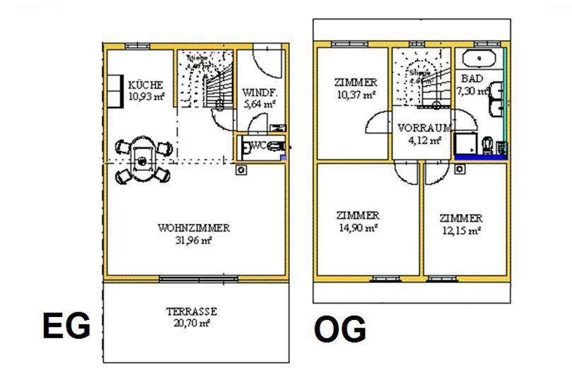 Grundriss des Erdgeschosses und Obergeschosses mit Wohnzimmer, Küche, Schlafzimmern und Terrasse.