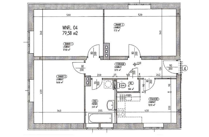Grundriss einer 79,58 m² großen Wohnung mit drei Zimmern, offener Küche und zwei Bädern.