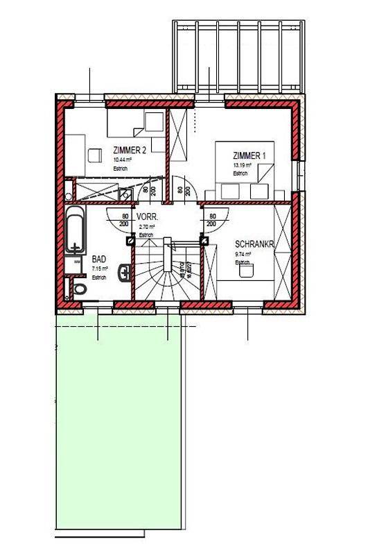 Grundriss des Obergeschosses mit zwei Schlafzimmern, einem Badezimmer und einem Schrankraum.