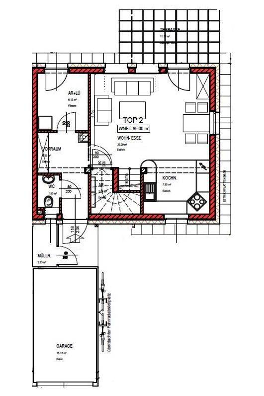 Grundriss des Erdgeschosses mit offenem Wohn-Essbereich, Küche, WC und integrierter Garage.