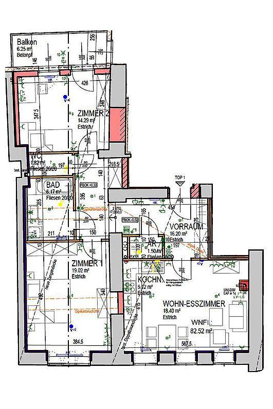 Grundriss einer Wohnung mit offenem Wohn-Essbereich, zwei Zimmern, Bad, WC und Balkon.