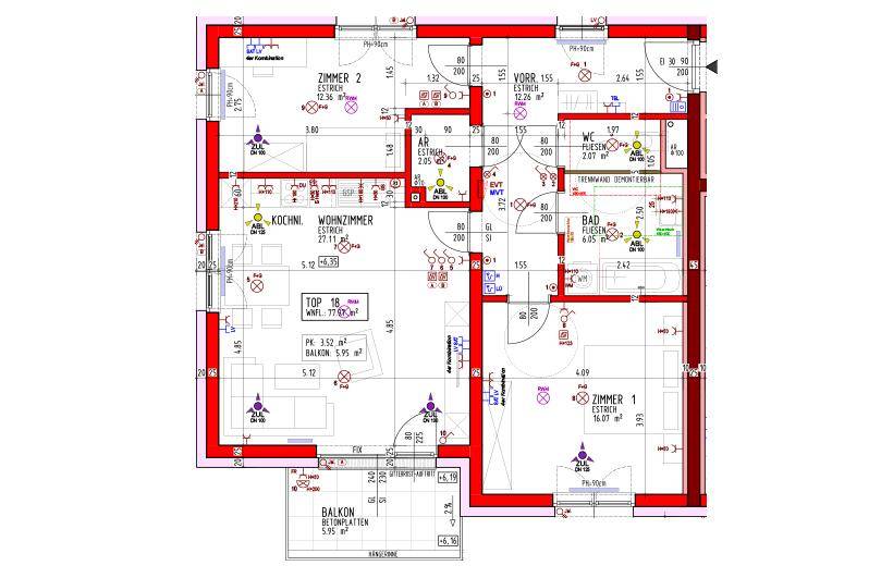 Detaillierter Grundriss einer Wohnung mit drei Zimmern, Balkon und separatem WC.