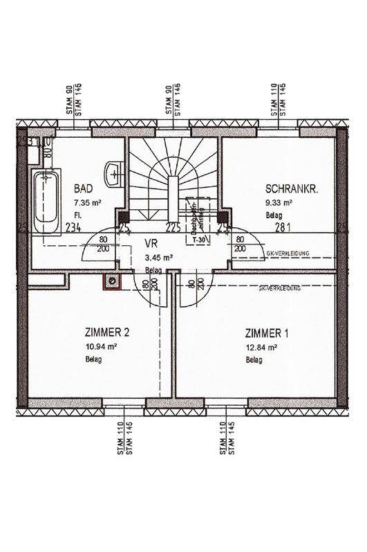 Grundriss des Obergeschosses mit zwei Schlafzimmern, Bad und Stauraum.
