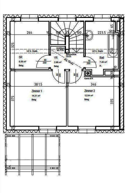 Grundriss des Obergeschosses mit zwei Schlafzimmern, Badezimmer und Abstellraum.