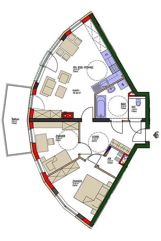 Grundriss einer Wohnung mit unregelmäßigem Schnitt, offenem Wohnbereich, zwei Zimmern und Balkon.