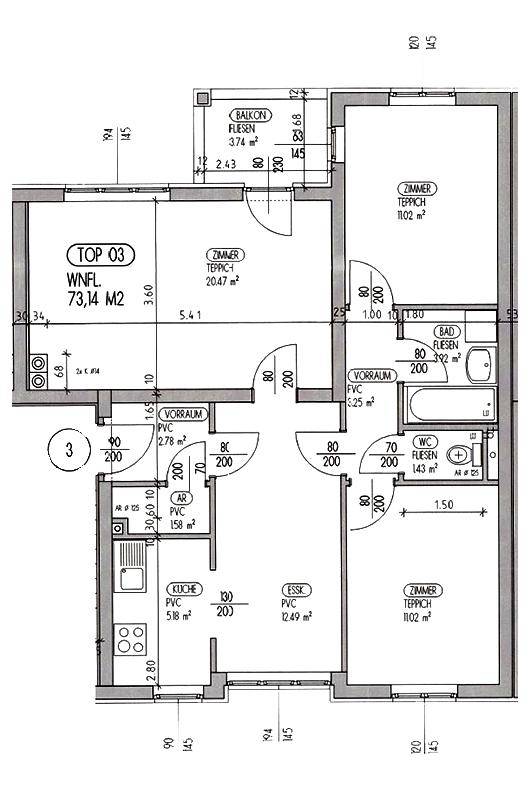 Grundriss der Wohnung TOP 03 mit 73,14 m², Balkon, Küche und separatem WC.